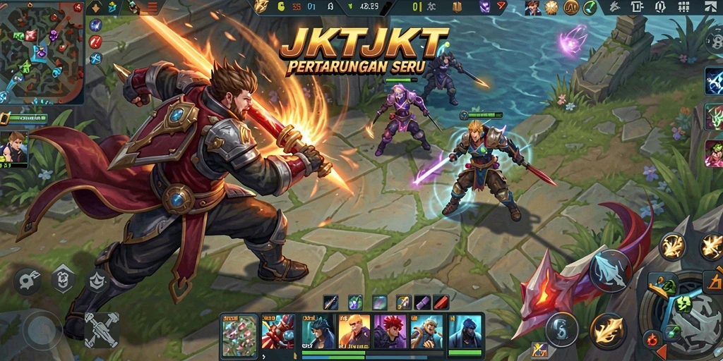 Gameplay JKTJKT yang intens dan mendebarkan di arena pertempuran MOBA.