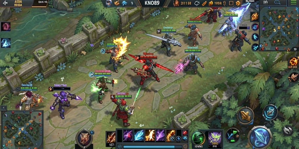 Screenshot KNO89 menampilkan karakter beraksi dalam pertempuran seru di arena MOBA.