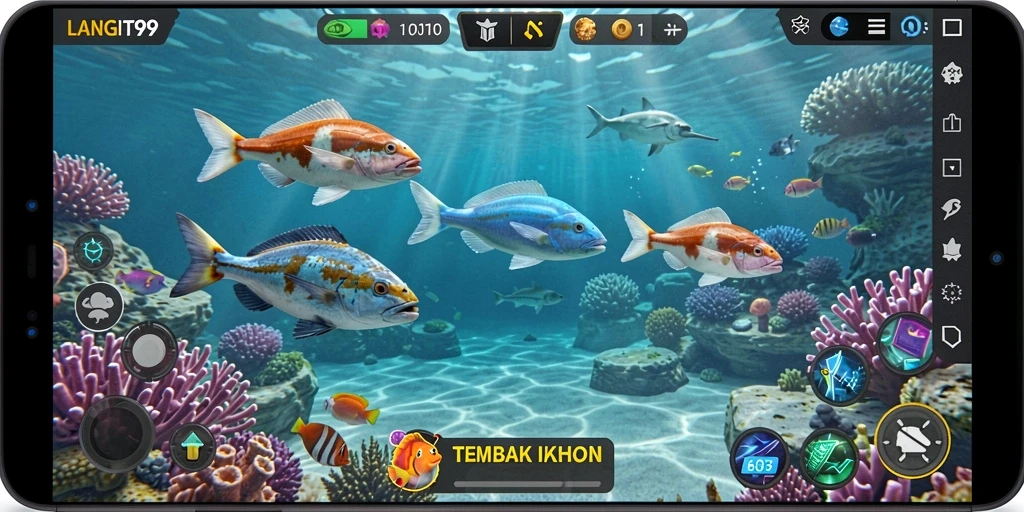 Screenshot menunjukkan aksi seru menembak ikan dalam LANGIT99.