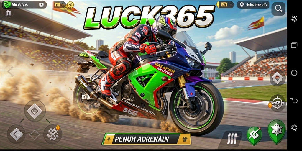 Gameplay LUCK365 menampilkan balapan motor yang mendebarkan dan penuh aksi.