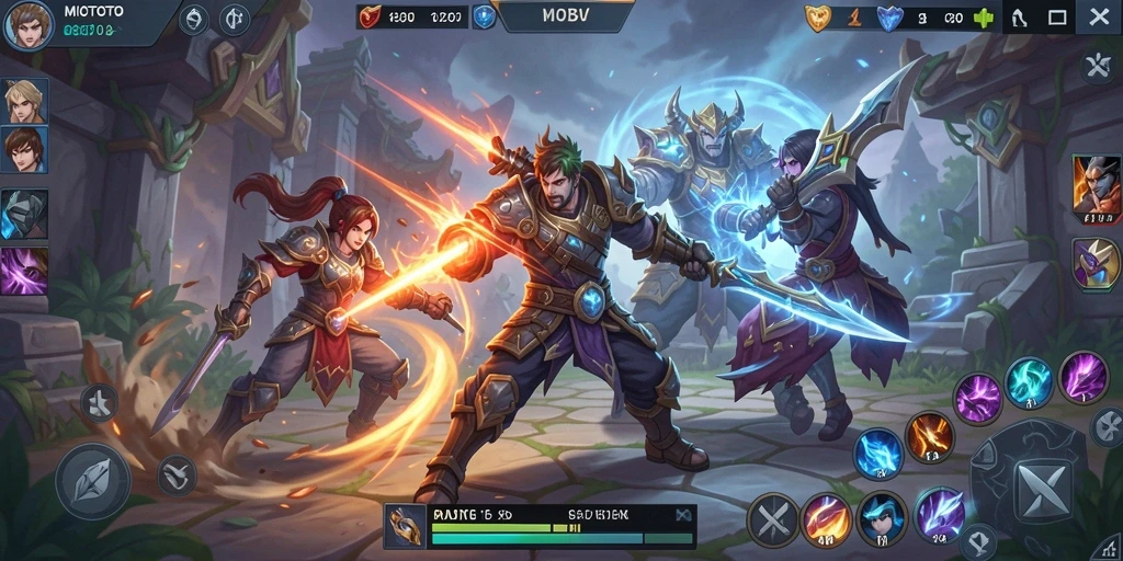 Tangkapan layar gameplay <strong>MIOTOTO</strong> yang menunjukkan pertarungan epik tim.