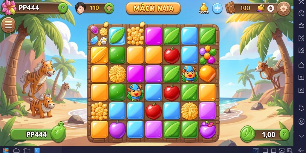 Screenshot gameplay PP444 menampilkan momen mencocokkan permata yang menarik.